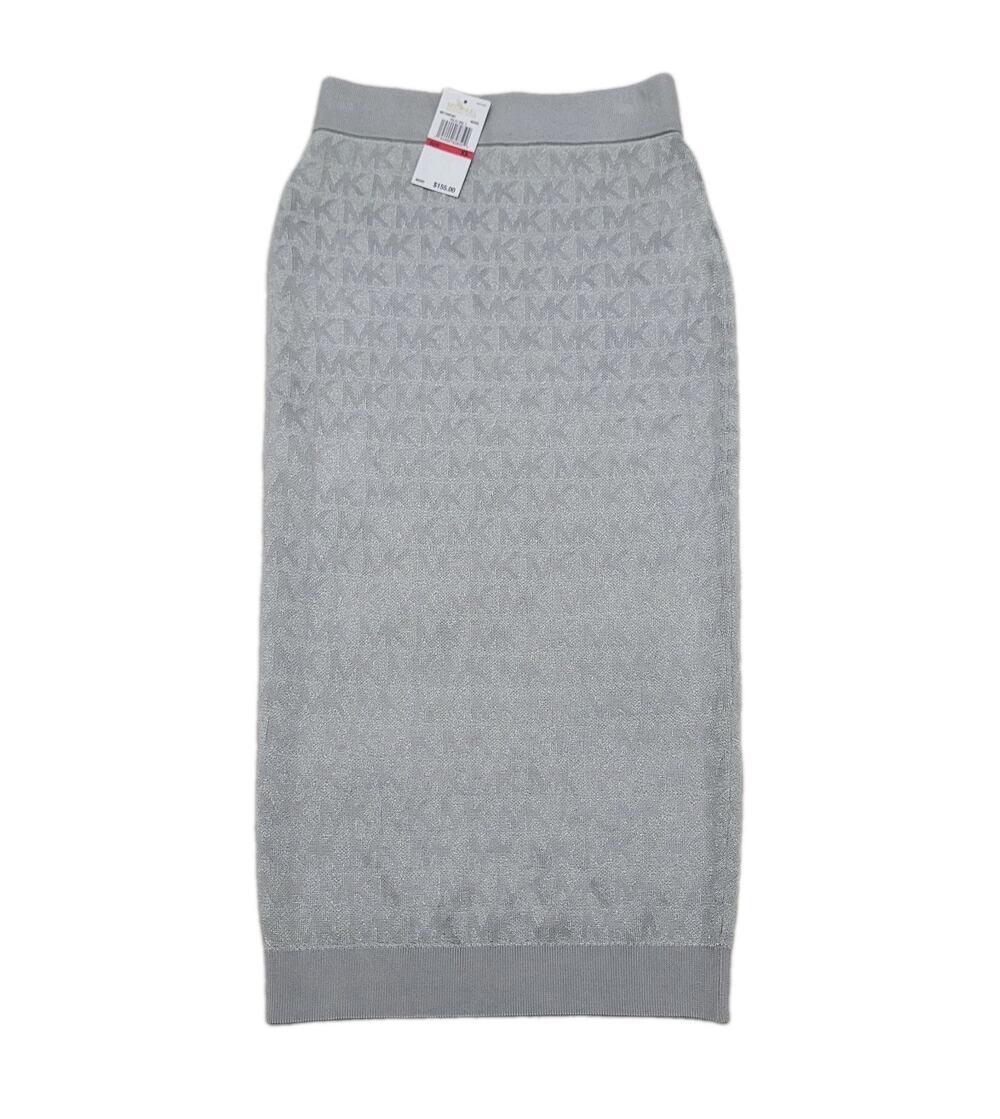 Michael Kors Metallic Silver Pencil Skirt Womens XS Jacquard Monogram Print